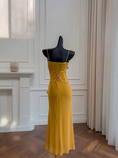 Elegante Meerjungfrau Spaghettiträger Gelb Ärmellos Lange Abendkleider Partykleider Abendkleider Abendkleid W923
