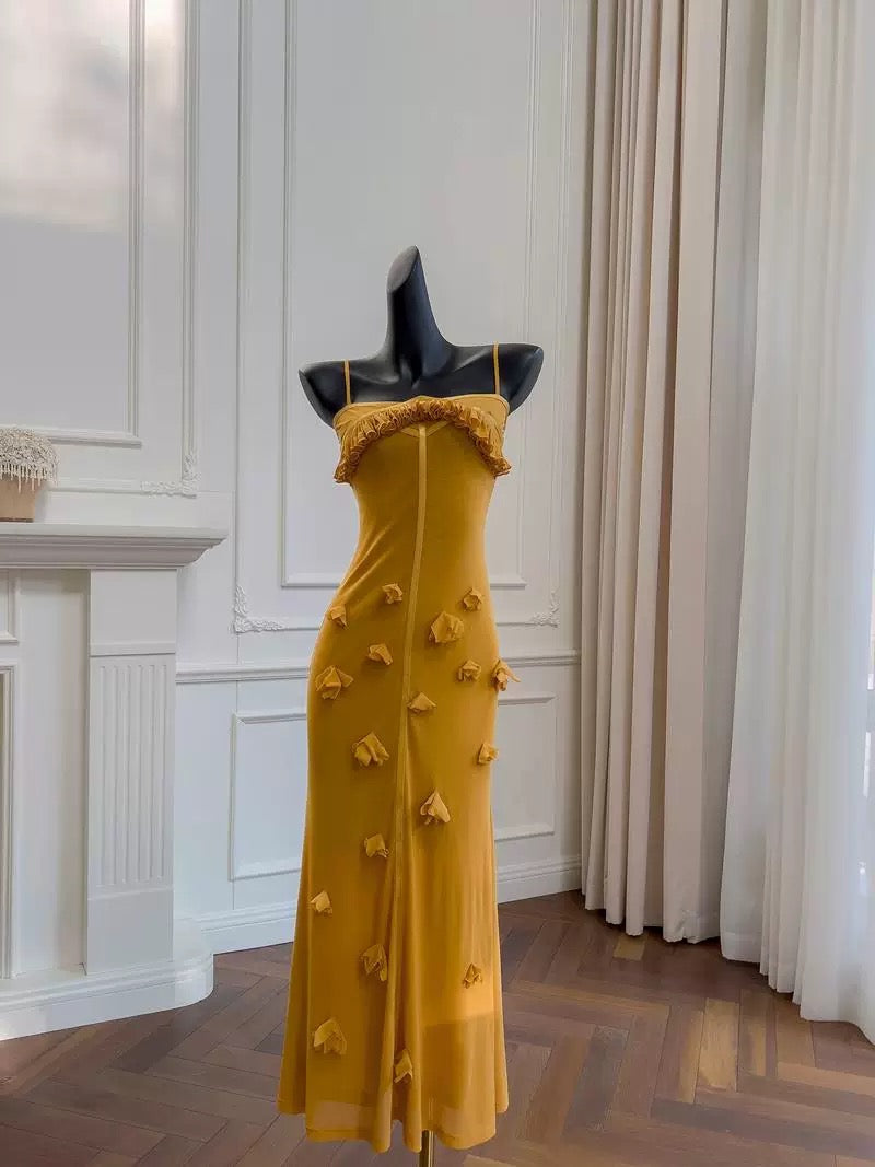 Elegante Meerjungfrau Spaghettiträger Gelb Ärmellos Lange Abendkleider Partykleider Abendkleider Abendkleid W923