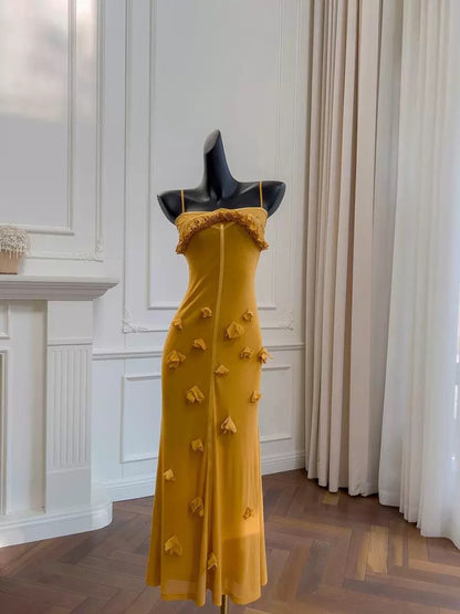 Elegante Meerjungfrau Spaghettiträger Gelb Ärmellos Lange Abendkleider Partykleider Abendkleider Abendkleid W923