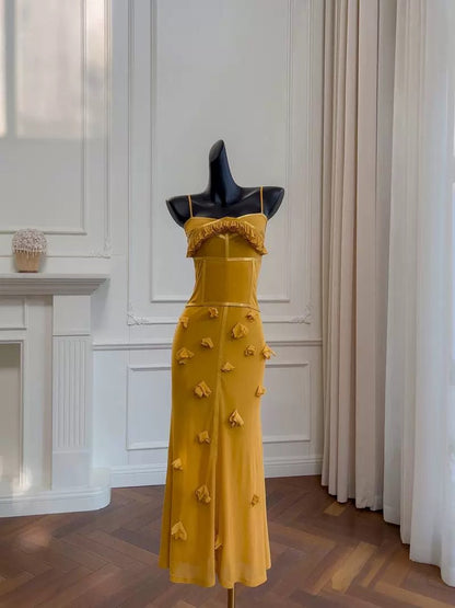 Elegante Meerjungfrau Spaghettiträger Gelb Ärmellos Lange Abendkleider Partykleider Abendkleider Abendkleid W923