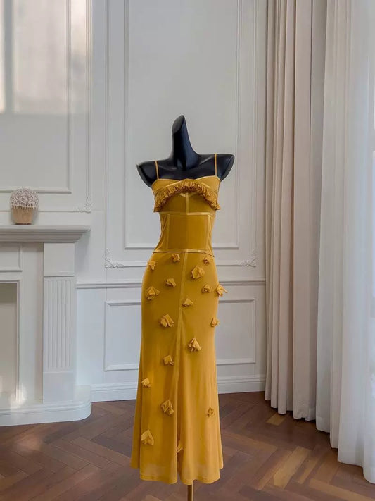 Elegant Mermaid Spaghetti Straps Yellow Sleeveless Long Evening Party Gowns Evening Formal Dresses Prom Dress W923
