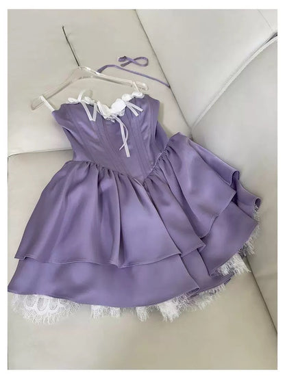 Trendy Ball Gown Sweetheart Lilac Satin Sleeveless Formal Short 8th Grade Homecoming Dress Summer Middle School Hoco Dresses Cocktail Dress Birthday Outfits W925