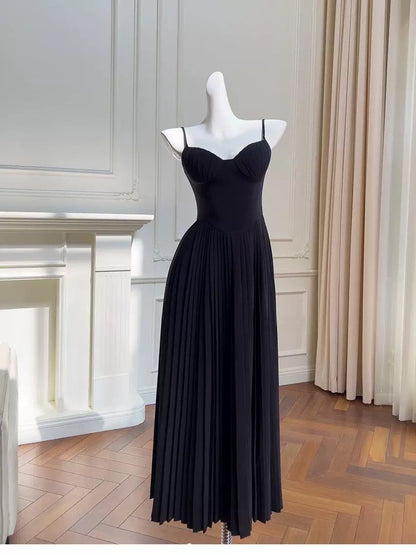 Elegante A-Linie Spaghettiträger Schwarz Chiffon Ärmellos Lange Abendkleider Partykleider Abendkleider Ballkleid W926