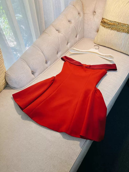Trendy A line Off The Shoulder Satin Red Formal Short 8th Grade Homecoming Dress Summer Middle School Hoco Dresses Birthday Outfits W934
