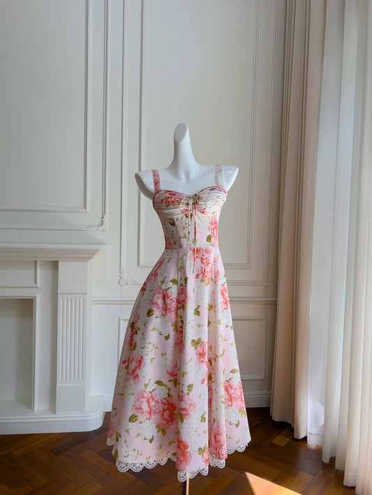Elegant A line Straps Floral Pink Chiffon Sleeveless Long Evening Party Gowns Evening Formal Dresses Prom Dress W946