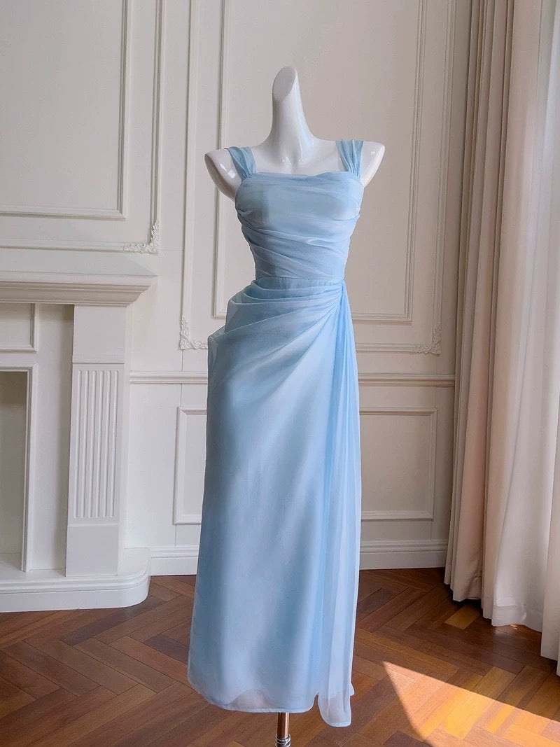 Elegante A-Linie Träger Hellhimmelblau Chiffon Ärmellos Lange Abendkleider Partykleider Abendkleider Abendkleid W949