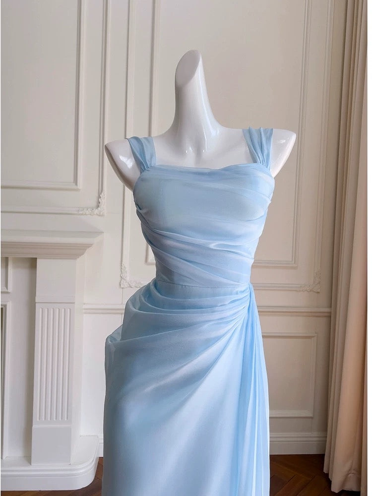 Elegante A-Linie Träger Hellhimmelblau Chiffon Ärmellos Lange Abendkleider Partykleider Abendkleider Abendkleid W949