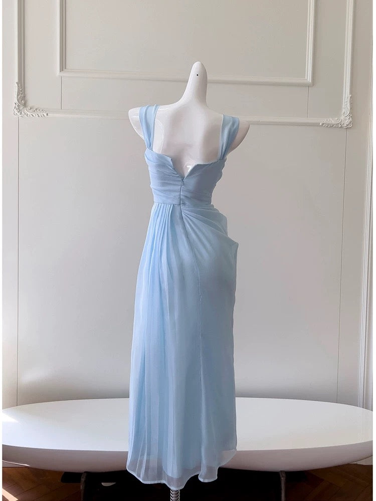 Elegante A-Linie Träger Hellhimmelblau Chiffon Ärmellos Lange Abendkleider Partykleider Abendkleider Abendkleid W949