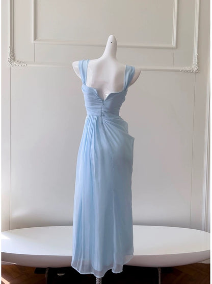 Elegante A-Linie Träger Hellhimmelblau Chiffon Ärmellos Lange Abendkleider Partykleider Abendkleider Abendkleid W949