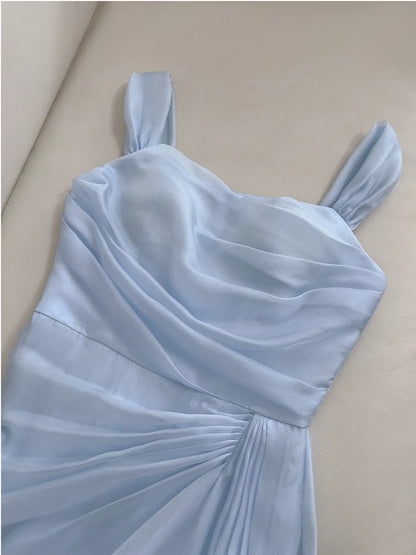 Elegante A-Linie Träger Hellhimmelblau Chiffon Ärmellos Lange Abendkleider Partykleider Abendkleider Abendkleid W949