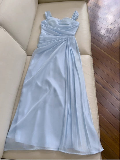 Elegante A-Linie Träger Hellhimmelblau Chiffon Ärmellos Lange Abendkleider Partykleider Abendkleider Abendkleid W949