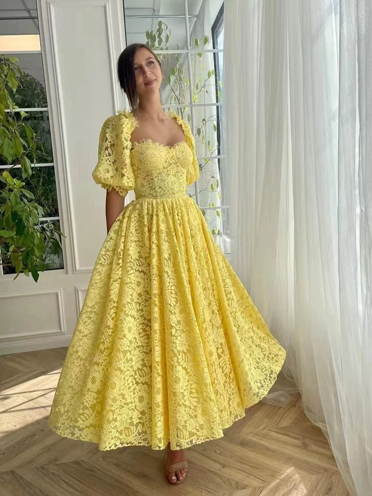 Elegante A-Linie Liebsten Spitze Gelb Ärmellos Lange Abendgesellschaft Kleider Abendkleider Abendkleid W957