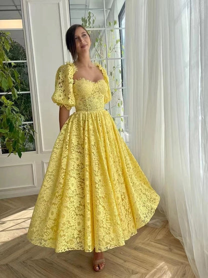 Elegante A-Linie Liebsten Spitze Gelb Ärmellos Lange Abendgesellschaft Kleider Abendkleider Abendkleid W957