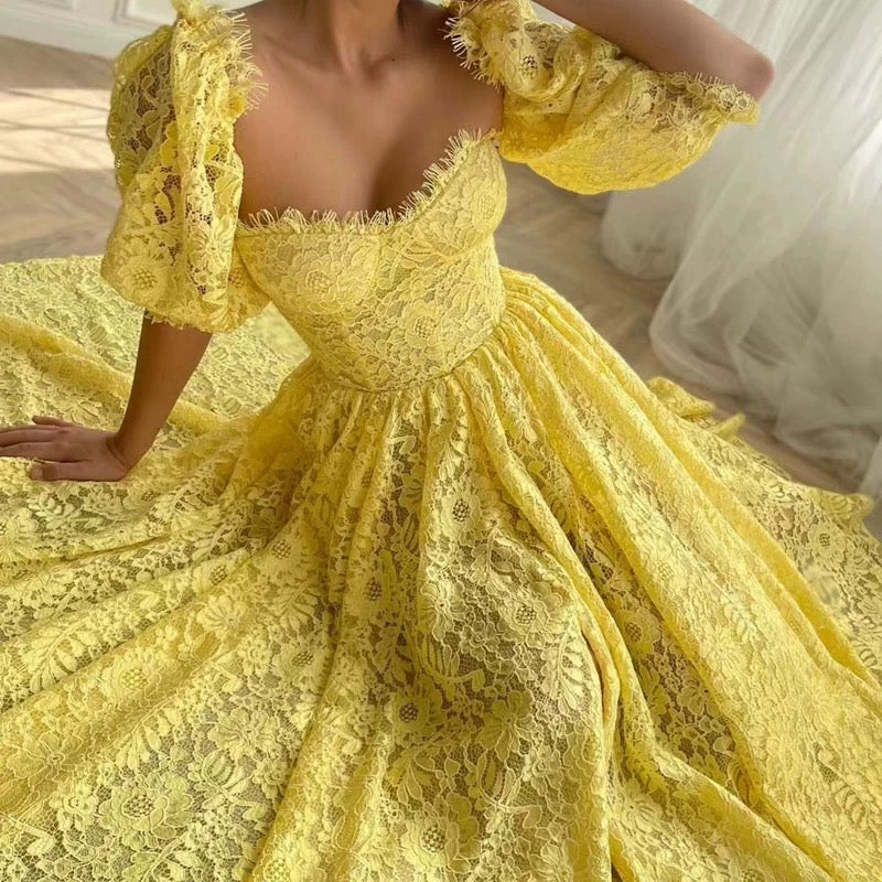 Elegante A-Linie Liebsten Spitze Gelb Ärmellos Lange Abendgesellschaft Kleider Abendkleider Abendkleid W957
