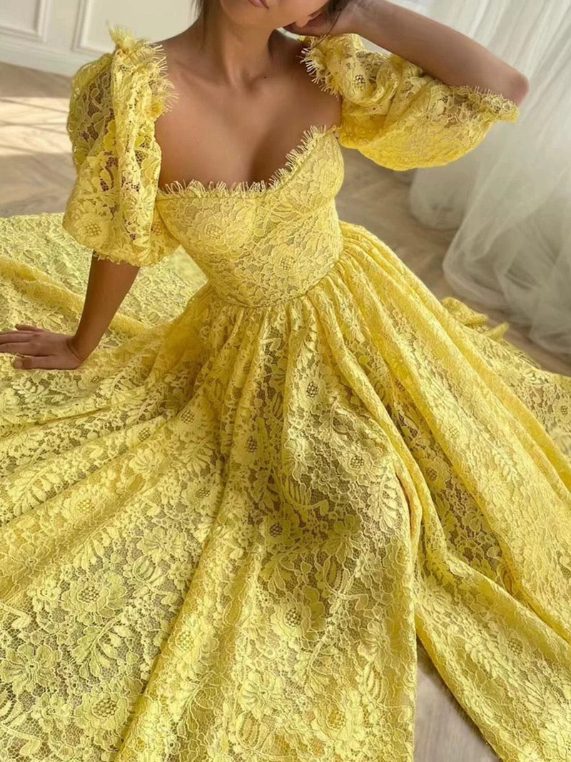Elegante A-Linie Liebsten Spitze Gelb Ärmellos Lange Abendgesellschaft Kleider Abendkleider Abendkleid W957