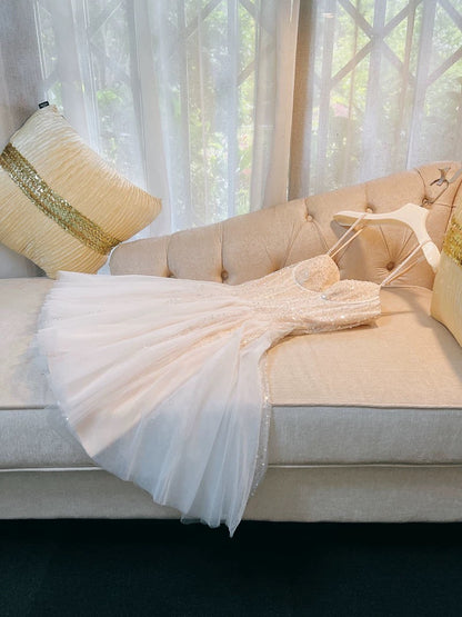 Cute A line Spaghetti Straps Champagne Formal Short 8th Grade Homecoming Dress Summer Middle School Hoco Dresses Birthday Outfits W973
