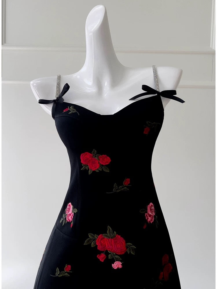 Trendy A line Spaghetti Straps Black Floral Short 8th Grade Homecoming Dress Summer Middle School Hoco Dresses Cocktail Dress Birthday Outfits W966