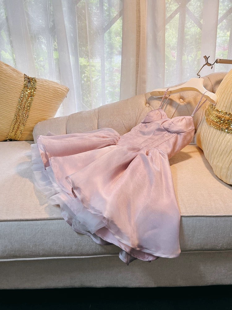 Trendy Ball Gown Spaghetti Straps Pink Tulle Short 8th Grade Homecoming Dress Summer Middle School Hoco Dresses Cocktail Dress Birthday Outfits W967