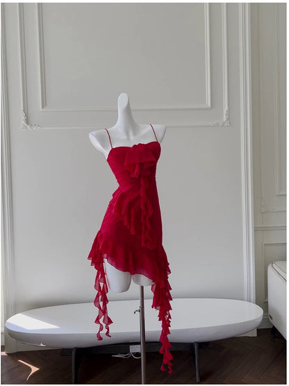 Pretty Sheath Spaghetti Straps Red Chiffon Short 8th Grade Homecoming Dress Summer Middle School Hoco Dresses Cocktail Dress Birthday Outfits W988