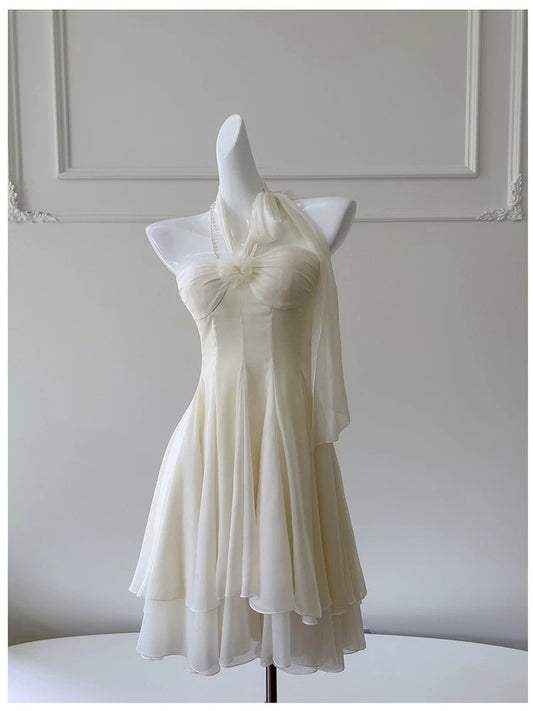 Jolie robe de soirée courte en mousseline de soie, coupe A-line, dos nu, pour le collège, tenue de cocktail, d'anniversaire, W991