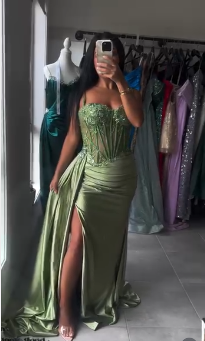 Sexy Mermaid Spaghetti Straps Mint Green Satin Slit Prom Dresses Party Dress Summer 20th Birthday Outfits Birthday Dresses W994