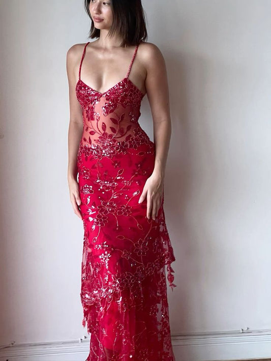 Sexy Mermaid Spaghetti Straps Red Long Prom Dresses Party Dress Summer 20th Birthday Outfits Birthday Dresses W996