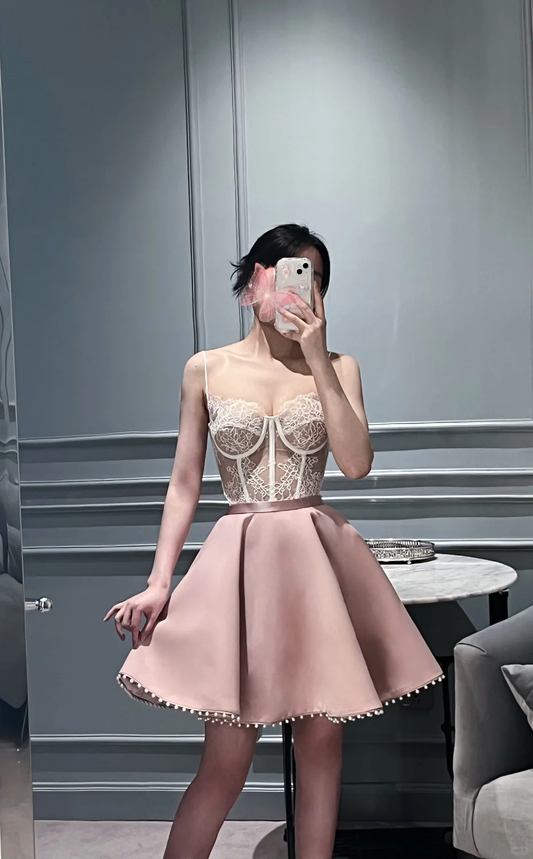 Cute A line Spaghetti Straps Pink Formal Short 8th Grade Homecoming Dress Summer Middle School Hoco Dresses Birthday Outfits W998