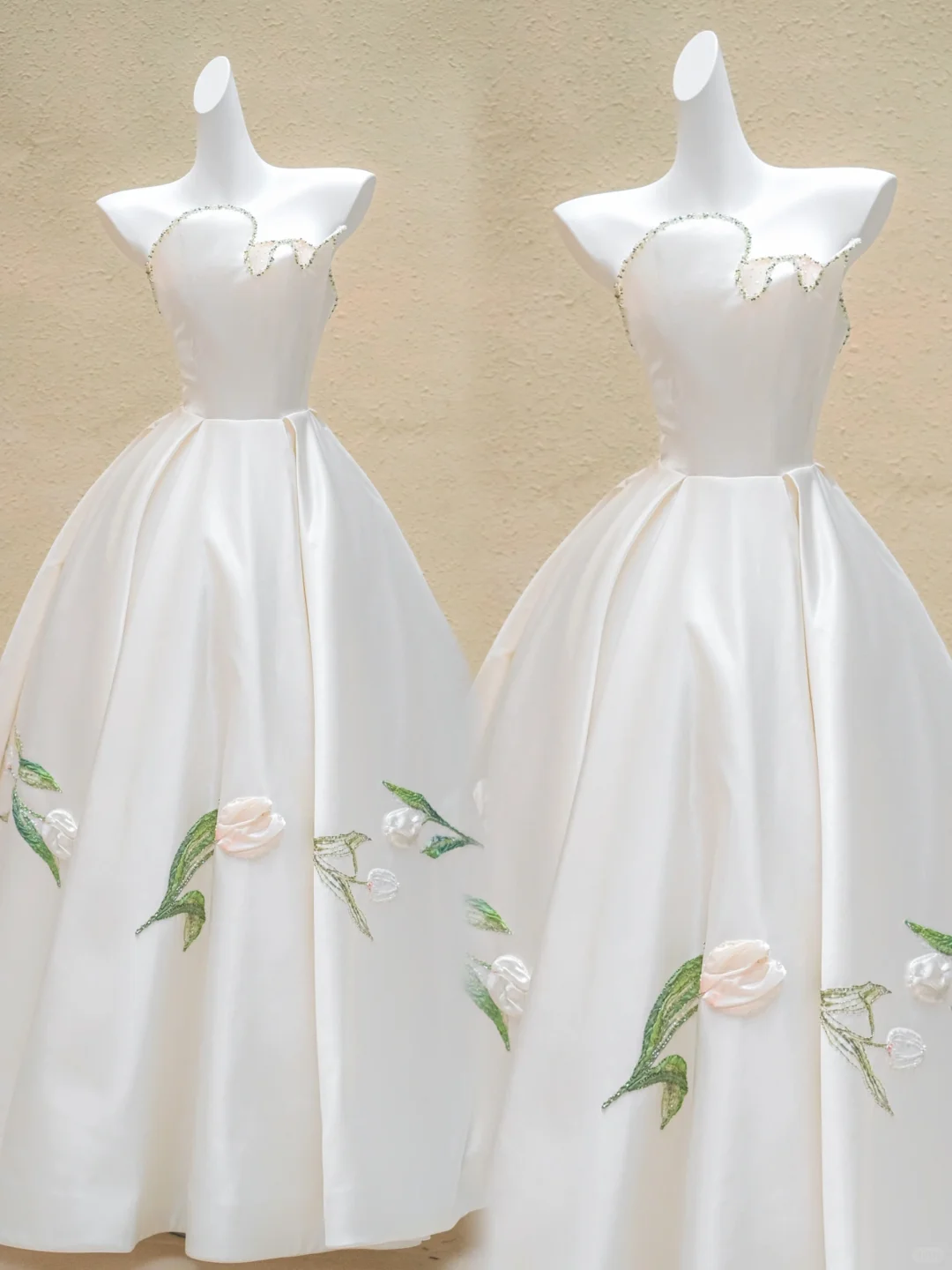Hübsches Brautkleid Ballkleid Trägerlos Satin Perlen Weiß Lange Brautkleider Brautkleider WD012