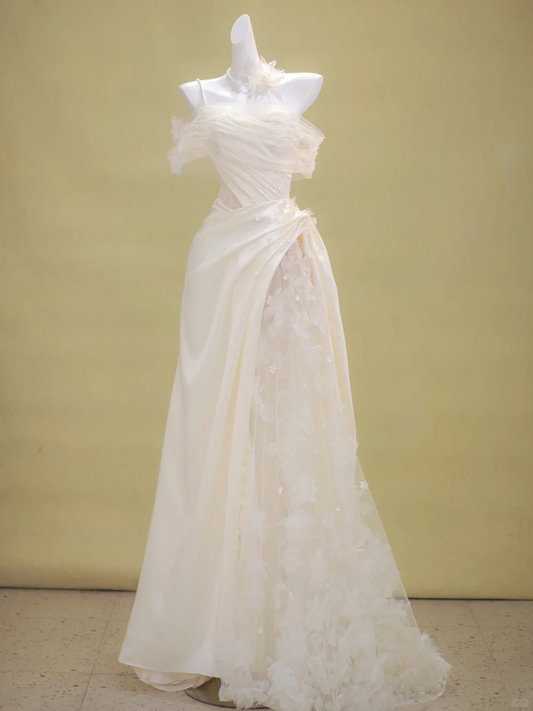 Romantic Bridal Gown Mermaid One Shoulder Ivory Tulle Wedding Dresses Minimalist Bridal Gowns WD003