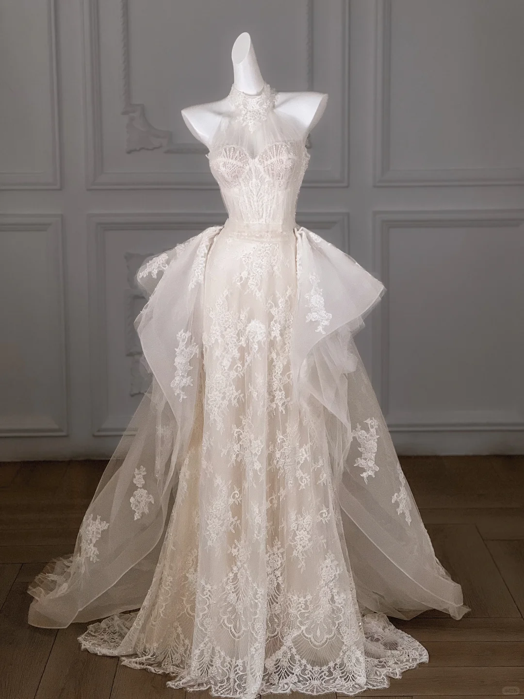 Hübsches Hochzeitskleid Meerjungfrau High Neck Lace Lange weiße Brautkleider Brautkleider WD004