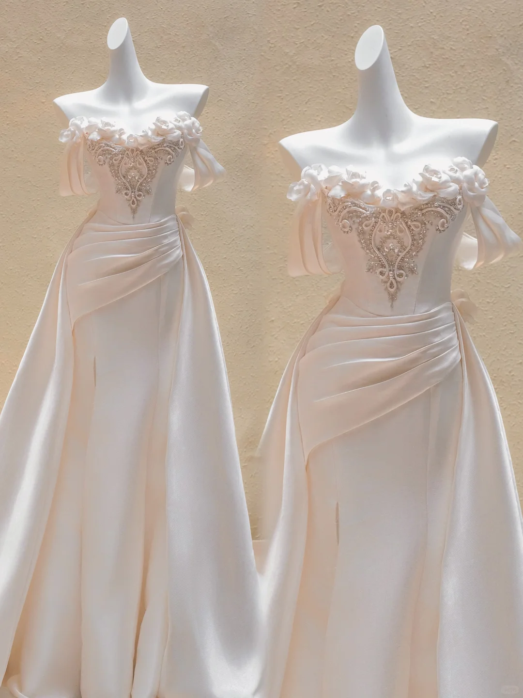 Hübsches Brautkleid Mantel aus der Schulter hellrosa Satin lange Brautkleider Brautkleider WD013
