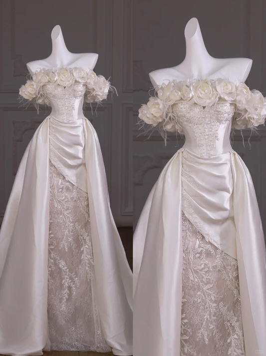 Hübsches Brautkleid Mantel Trägerlos Weiß Satin Lange Brautkleider Mit Blumen Brautkleider WD020