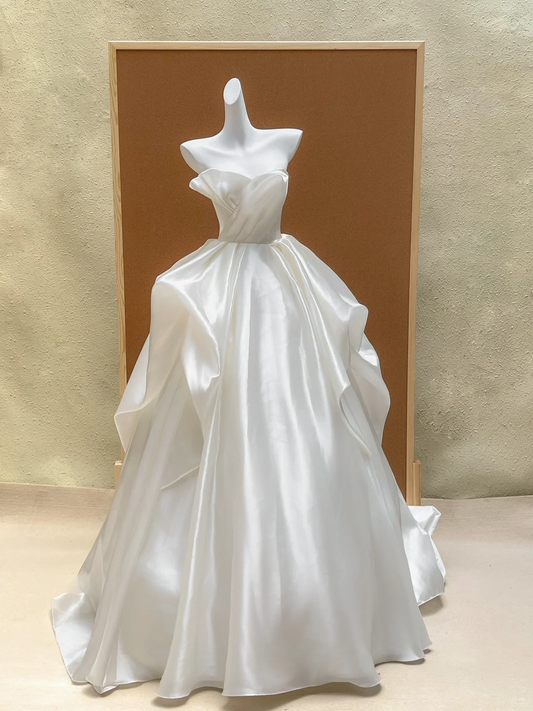 Hübsches Brautkleid Ballkleid Trägerlos Satin Lange Ärmellos Weiße Brautkleider Brautkleider WD027