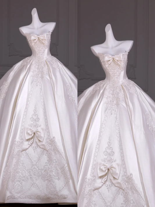 Hübsches Brautkleid Ballkleid Trägerloses Satin Lange Applikationen Weiße Brautkleider Brautkleider Mit Bogenknoten WD031