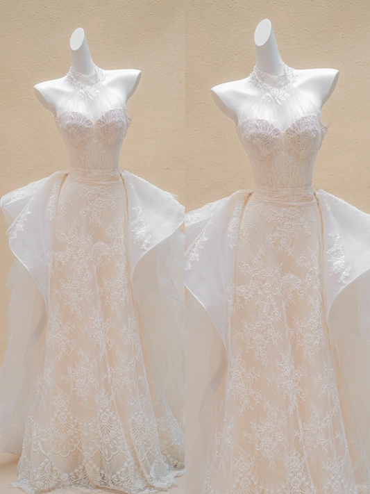 Hübsches Brautkleid Etuikleid Stehkragen Spitze Lange Brautkleider Sommer Land Brautkleider WD033