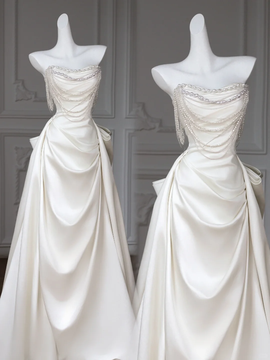 Rustic Wedding Dress Ball Gown Strapless Satin White Pearls Long Wedding Dresses Summer Brides Dress Bridal Gowns WD034