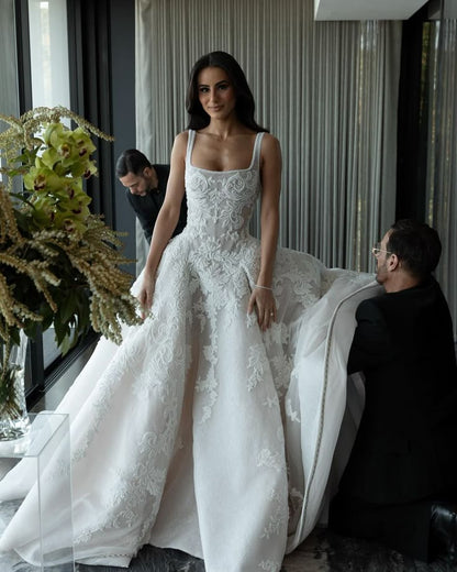 Hübsches Brautkleid Ballkleid Square Neck Lace Lange weiße Brautkleider Brautkleider WD042