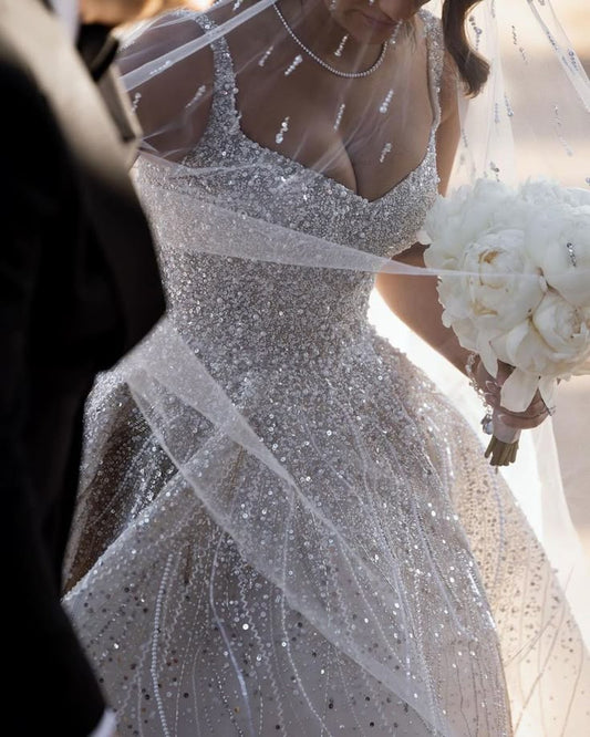 Pretty Wedding Dress Ball Gown Straps Sequin White Wedding Dresses Bridal Gowns WD043