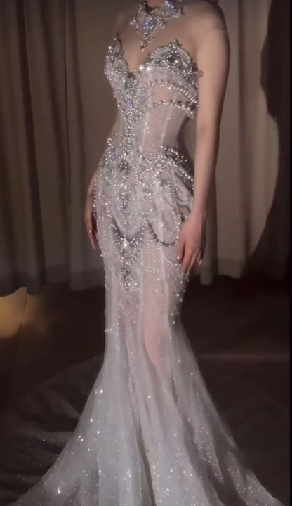 Retro Wedding Dress Mermaid Sweetheart Sequin Pearls Long White Wedding Dresses Bride Dress Bridal Gowns WD049