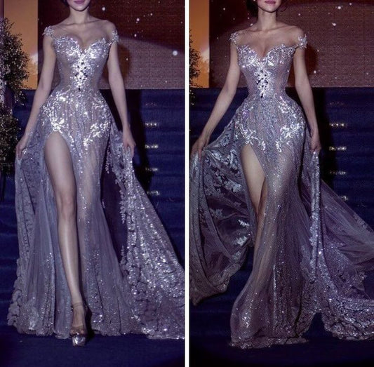 Sparkly Wedding Dress Mermaid Off The Shoulder Sequin Long Silver Slit Wedding Dresses Brides Dress Bridal Gowns WD067