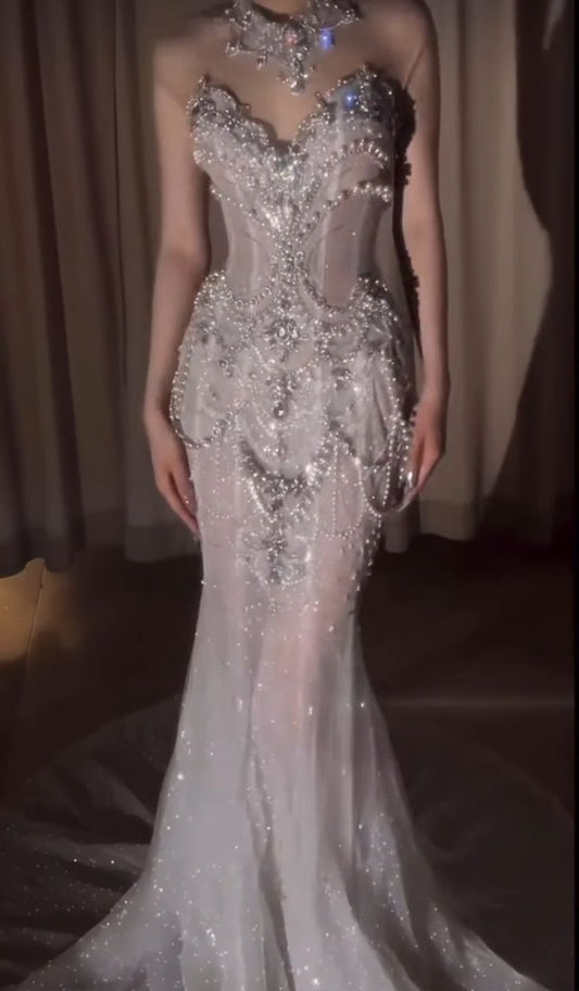 Retro Wedding Dress Mermaid Sweetheart Sequin Pearls Long White Wedding Dresses Bride Dress Bridal Gowns WD049