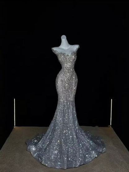 Sparkly Wedding Dress Mermaid Scoop Sequin Long Silver Corset Back Wedding Dresses Brides Dress Bridal Gowns WD053