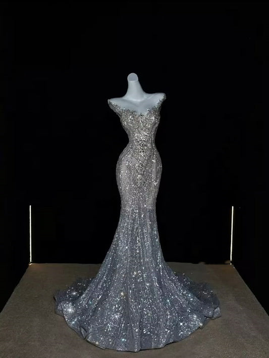 Sparkly Wedding Dress Mermaid Scoop Sequin Long Silver Wedding Dresses Brides Dress Bridal Gowns WD050