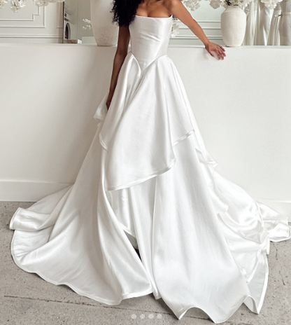 Pretty Wedding Dress Ball Gown Strapless White Satin Long Wedding Dresses Bridal Gowns WD051