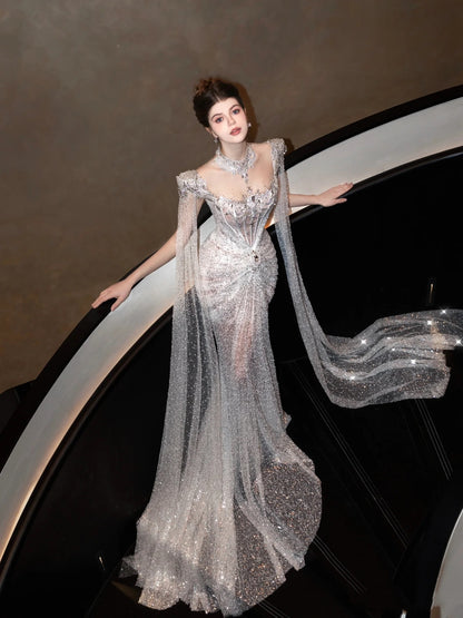 Sparkly Wedding Dress Mermaid Sequin Long Silver Wedding Dresses Brides Dress Bridal Gowns WD061