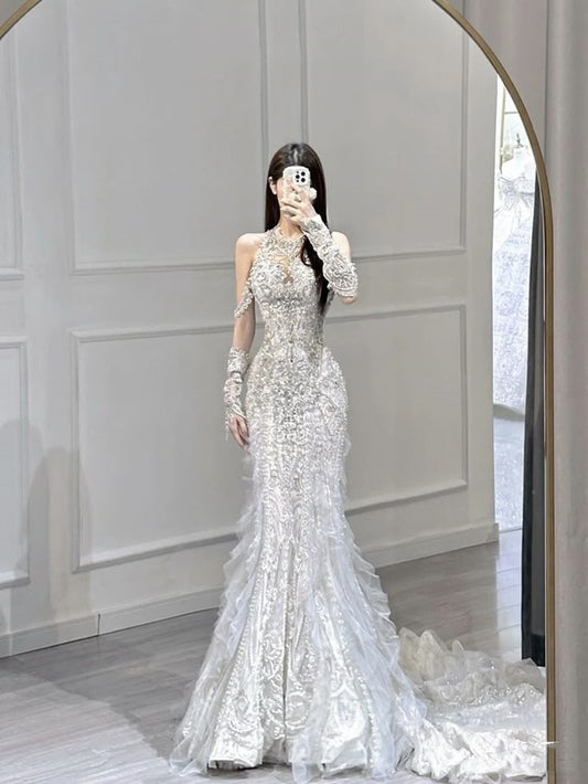 Modest Wedding Dress Mermaid Scoop Lace Long White Wedding Dresses Brides Dress Bridal Gowns With Gloves WD070