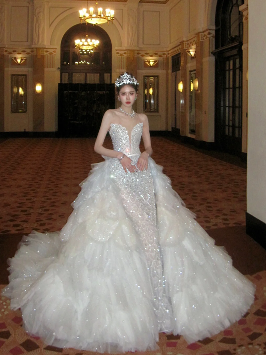Hübsches Brautkleid Mantel Schatz Pailletten Weiß Lange Luxus Brautkleider Brautkleider Bräute Kleid WD078