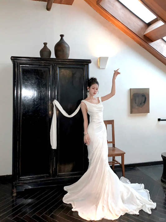 Simple Wedding Dress Mermaid Off The Shoulder Summer Long Satin White Wedding Dresses Bride Dress Bridal Gowns WD082
