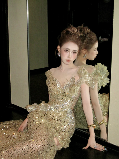 Classy Mermaid Scoop Pailletten Gold Lange Ballkleider Partykleid Geburtstag Outfits Abschlusskleider W086