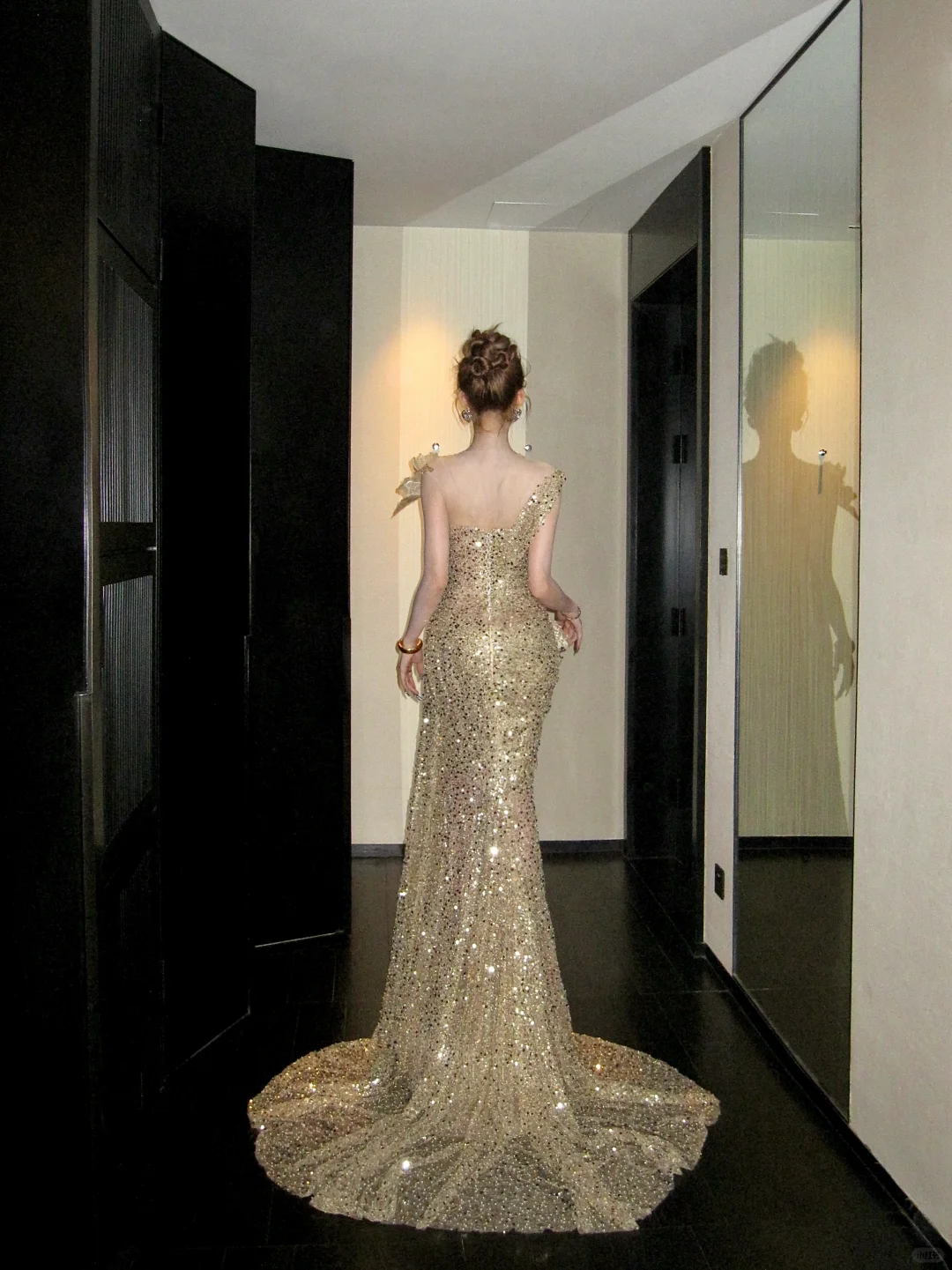 Classy Mermaid Scoop Pailletten Gold Lange Ballkleider Partykleid Geburtstag Outfits Abschlusskleider W086